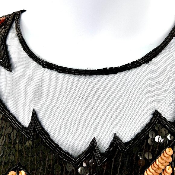 STUNNING VINTAGE ROYAL FEELINGS SEQUIN BEAD SILK LEAF SHORT SLV FORMAL TOP - L - Picture 3 of 5